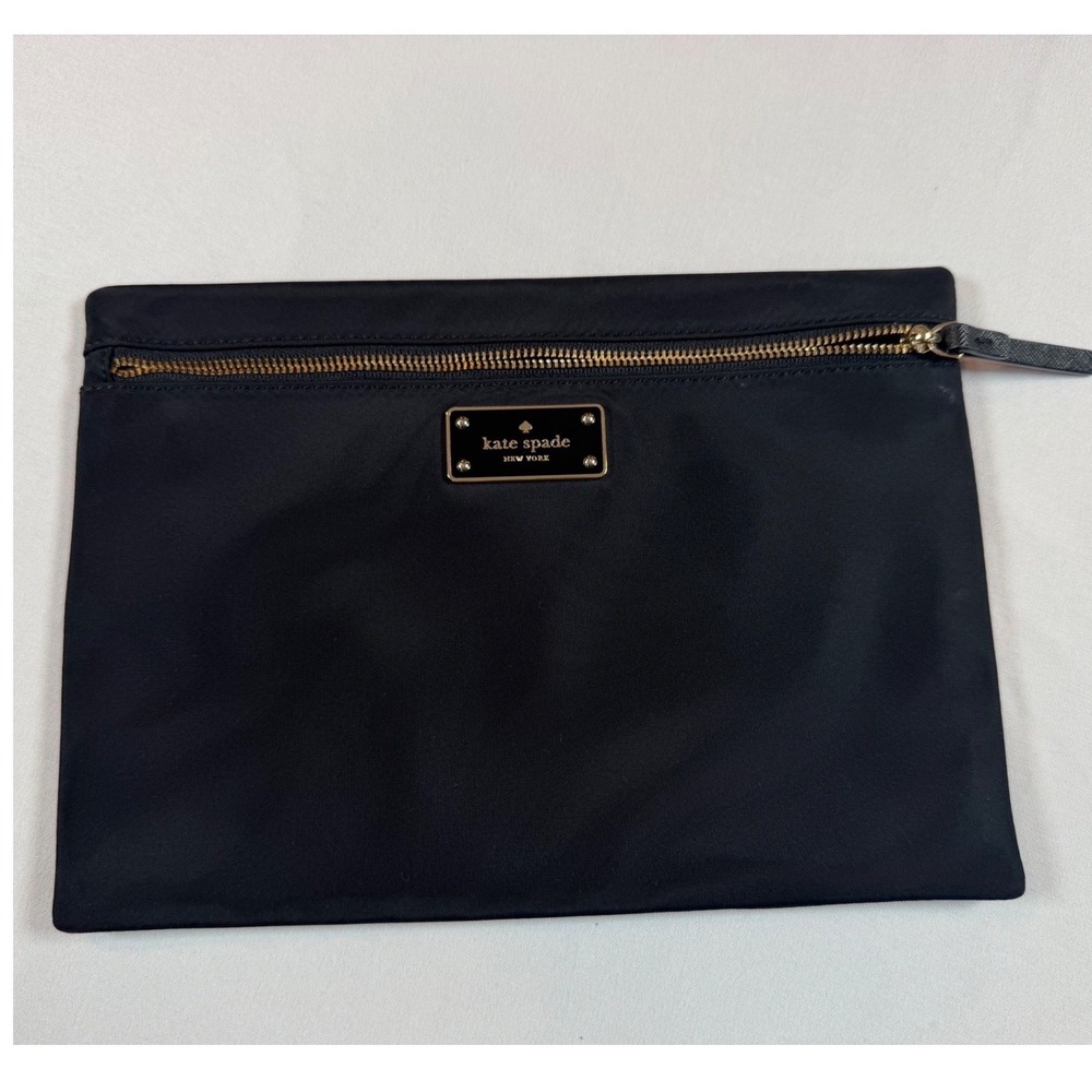 Kate Spade New York Black Nylon Zipper Pouch Clutch Gold Logo Plaque